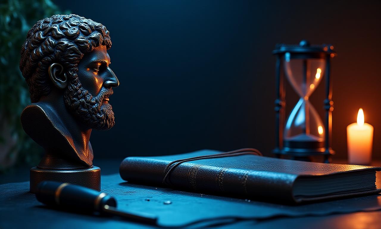 A high-end dark academia workspace with philosophical artifacts