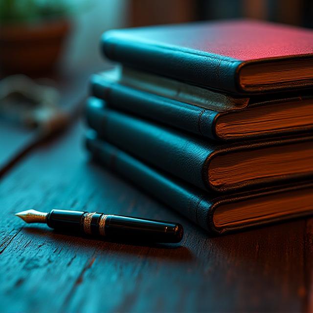 A collection of beautiful leather-bound books and an ink pen on a weathered wooden desk